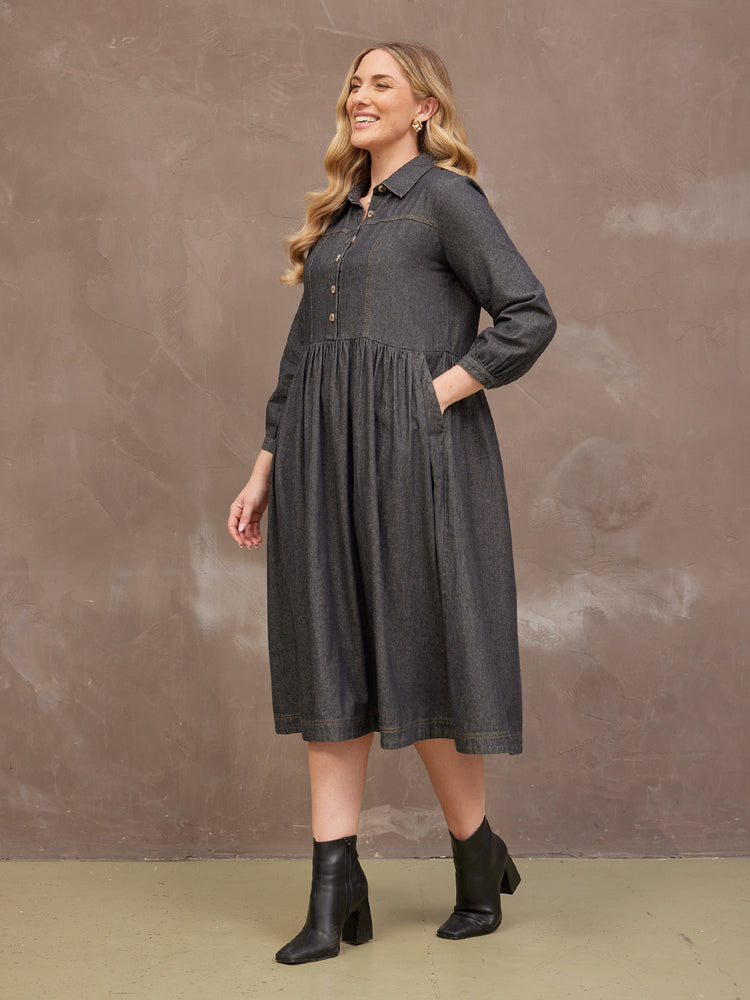 Daisie Denim Charcoal Dress - Rhiona Long Sleeve
