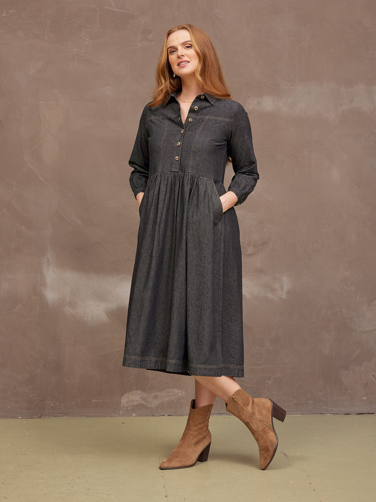 Daisie Denim Charcoal Dress - Rhiona Long Sleeve