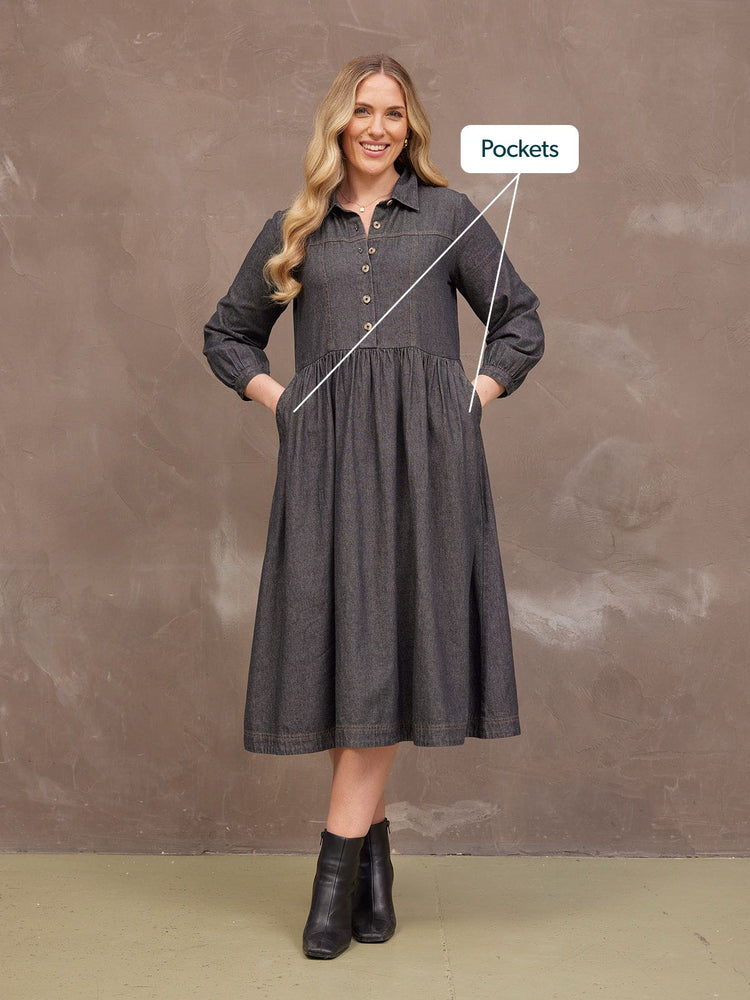 Daisie Denim Charcoal Dress - Rhiona Long Sleeve