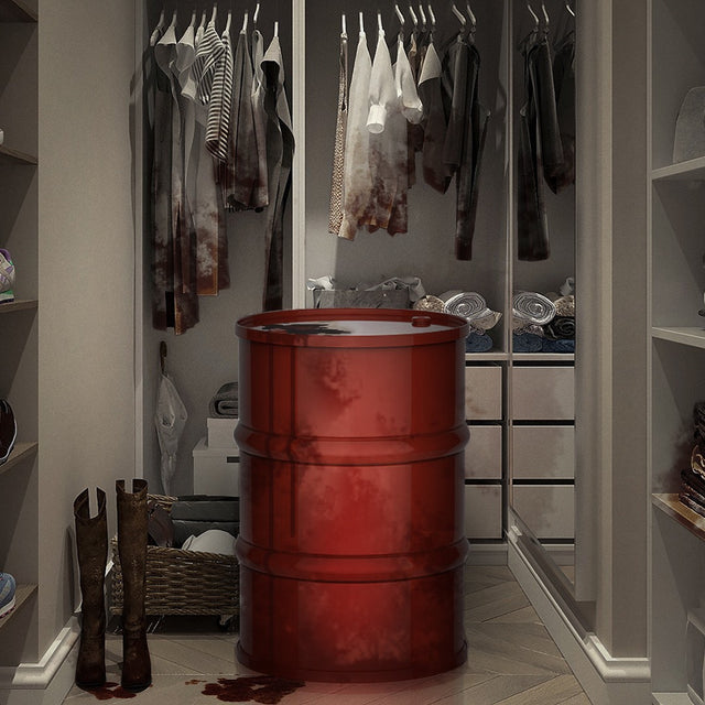 Oil barrel with oil on the clothes in a wardrobe, illustrating that your clothes contain oil and synthetic materials.