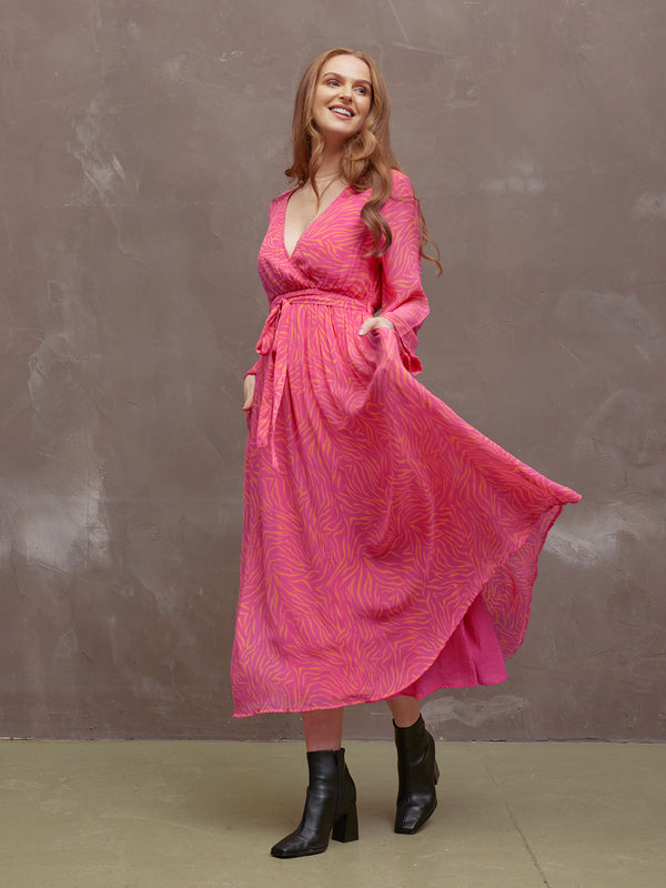 Dora - Wrap Top Midi Dress - Pink & Orange Linear Print