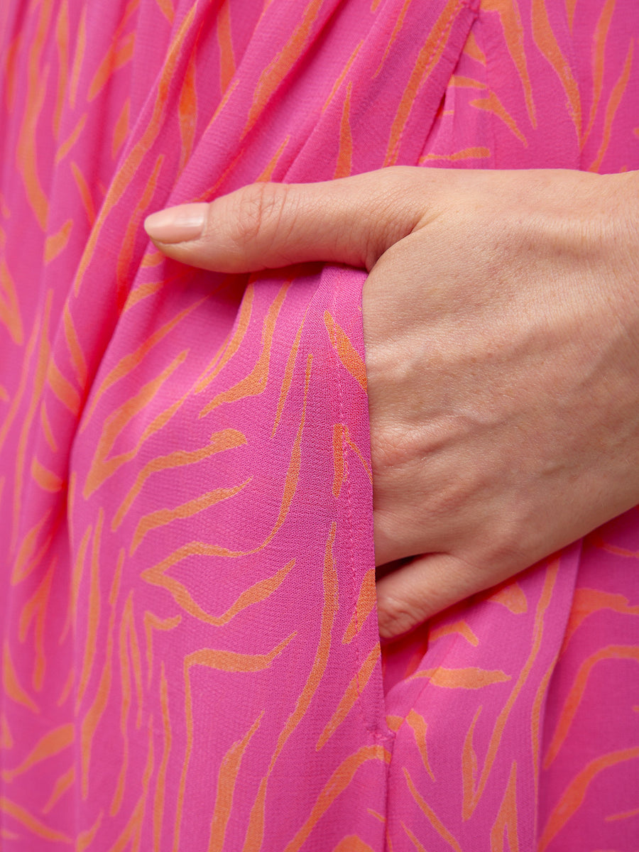 Dora - Wrap Top Midi Dress - Pink & Orange Linear Print - Sample