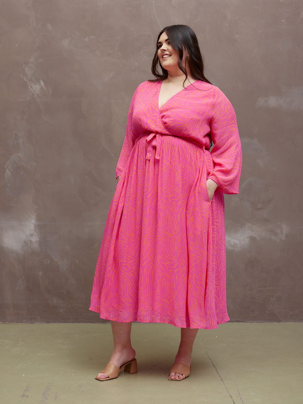 Dora - Wrap Top Midi Dress - Pink & Orange Linear Print – This is