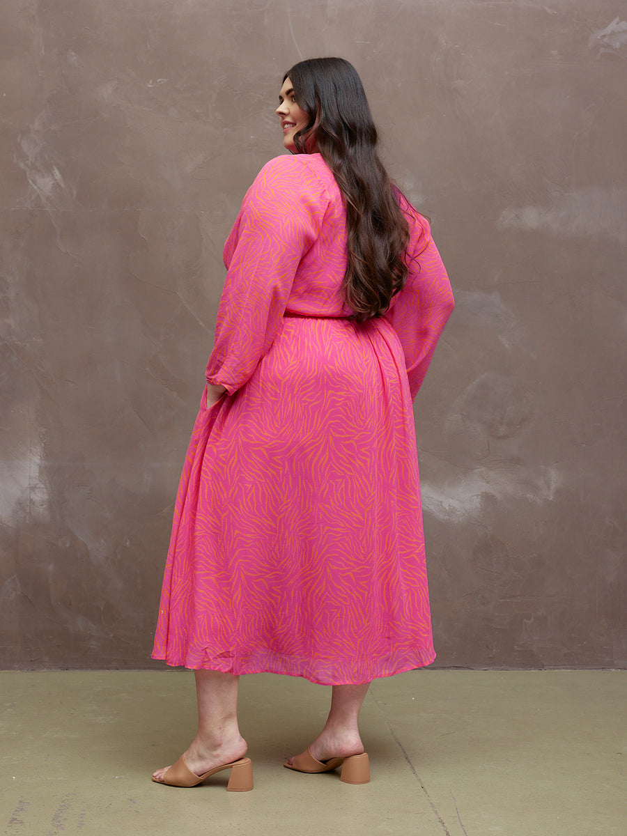 Dora - Wrap Top Midi Dress - Pink & Orange Linear Print - Sample