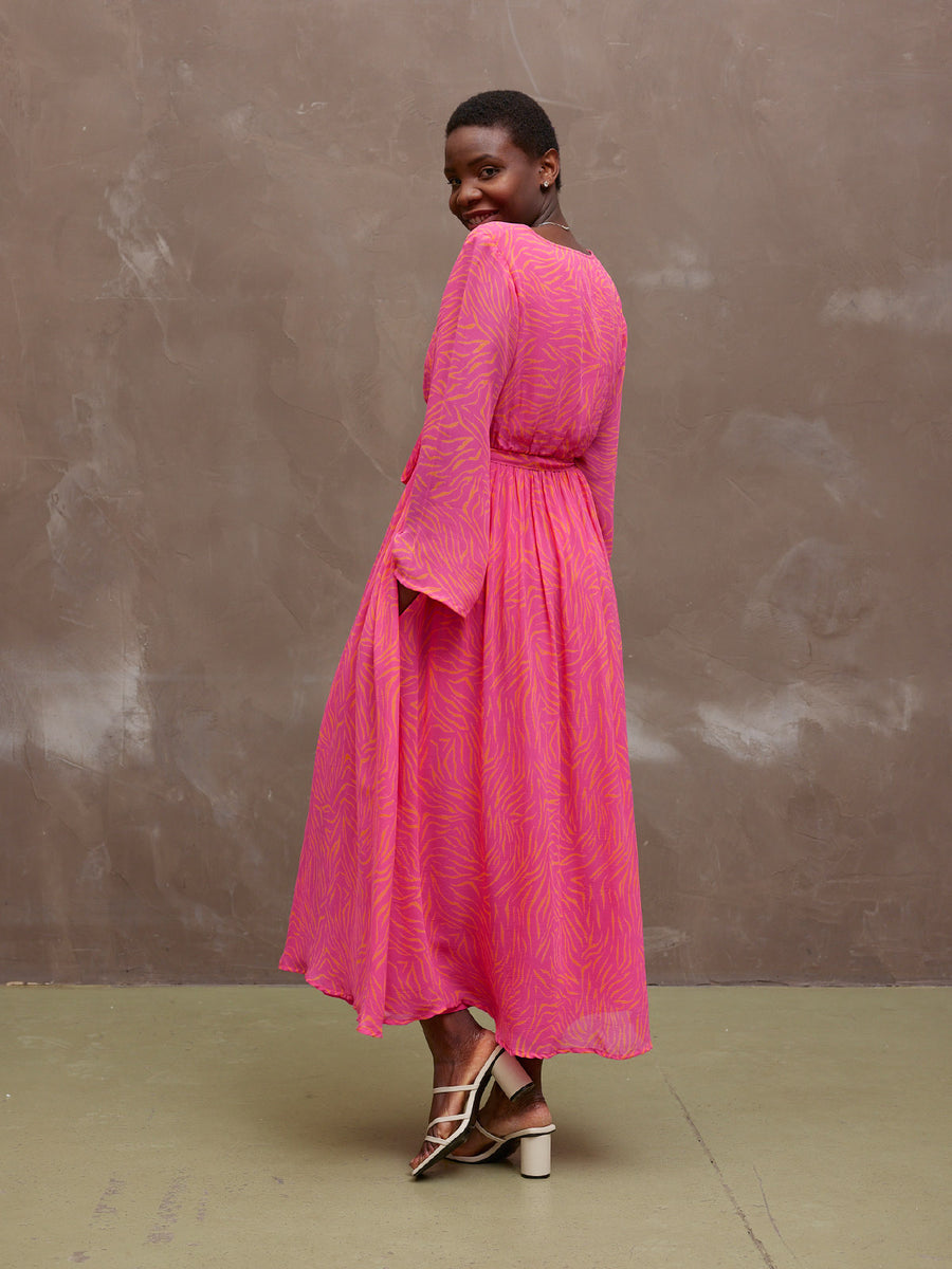 Dora - Wrap Top Midi Dress - Pink & Orange Linear Print - Sample
