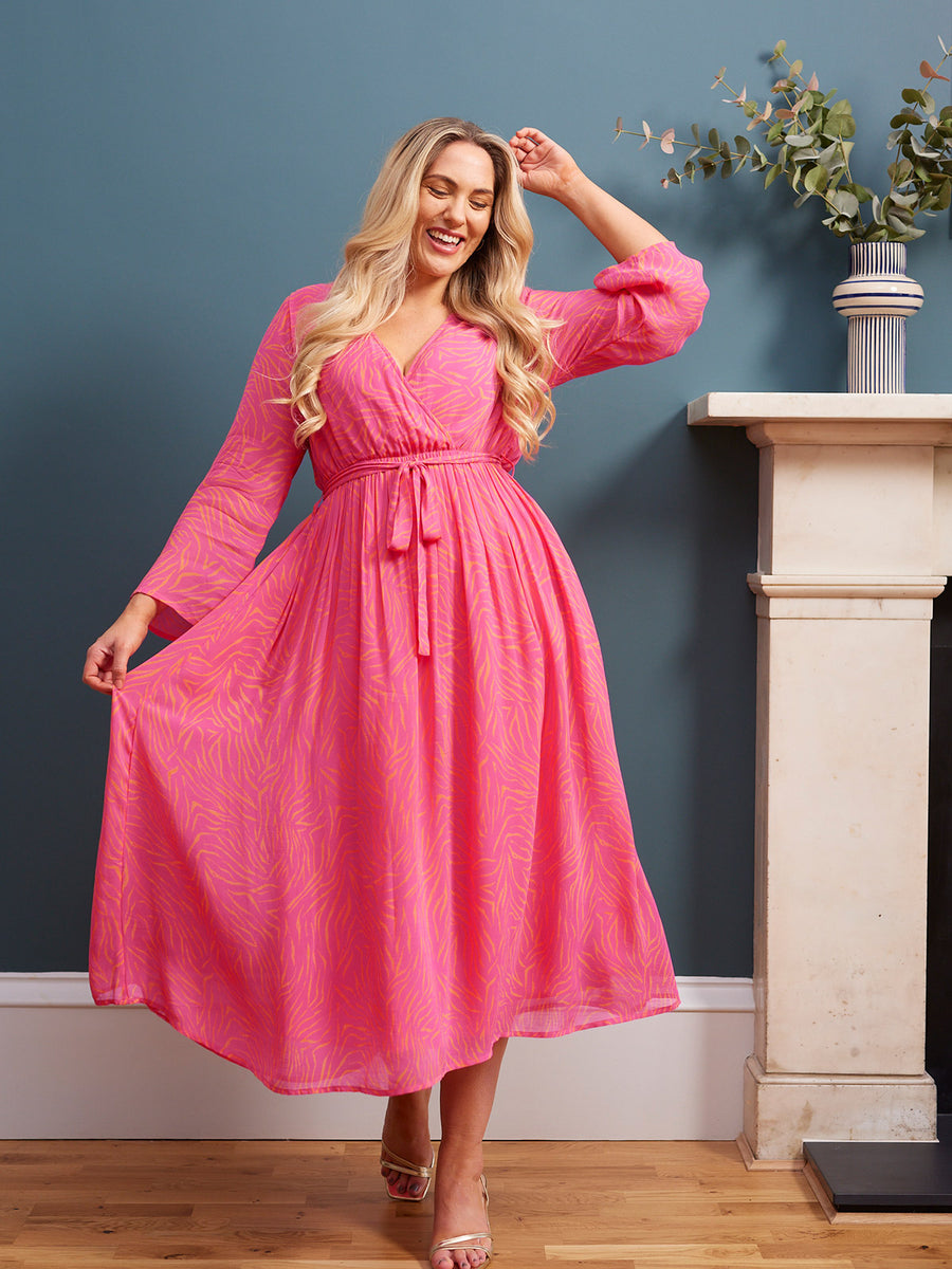 Dora - Wrap Top Midi Dress - Pink & Orange Linear Print - Sample
