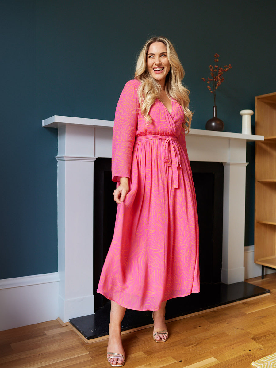 Dora - Wrap Top Midi Dress - Pink & Orange Linear Print - Sample