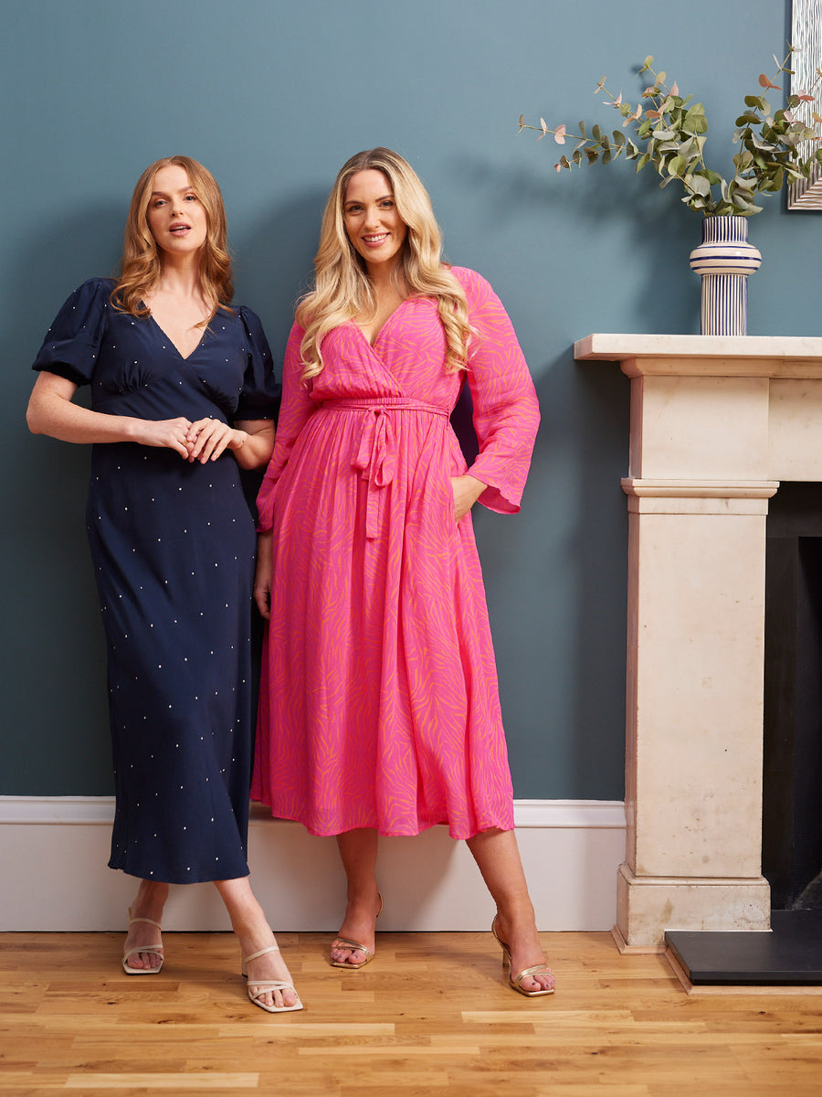 Dora - Wrap Top Midi Dress - Pink & Orange Linear Print - Sample