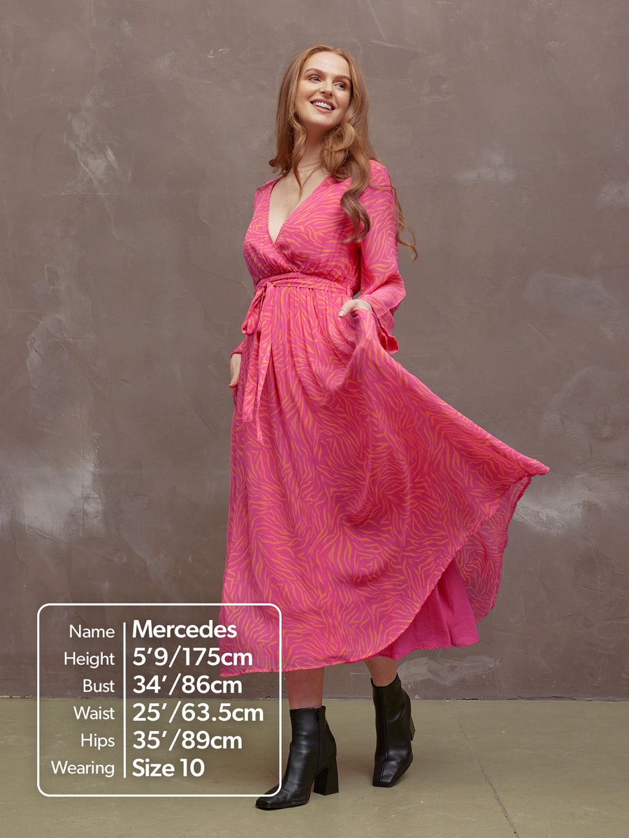 Dora - Wrap Top Midi Dress - Pink & Orange Linear Print - Sample