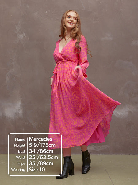 Dora - Wrap Top Midi Dress - Pink & Orange Linear Print