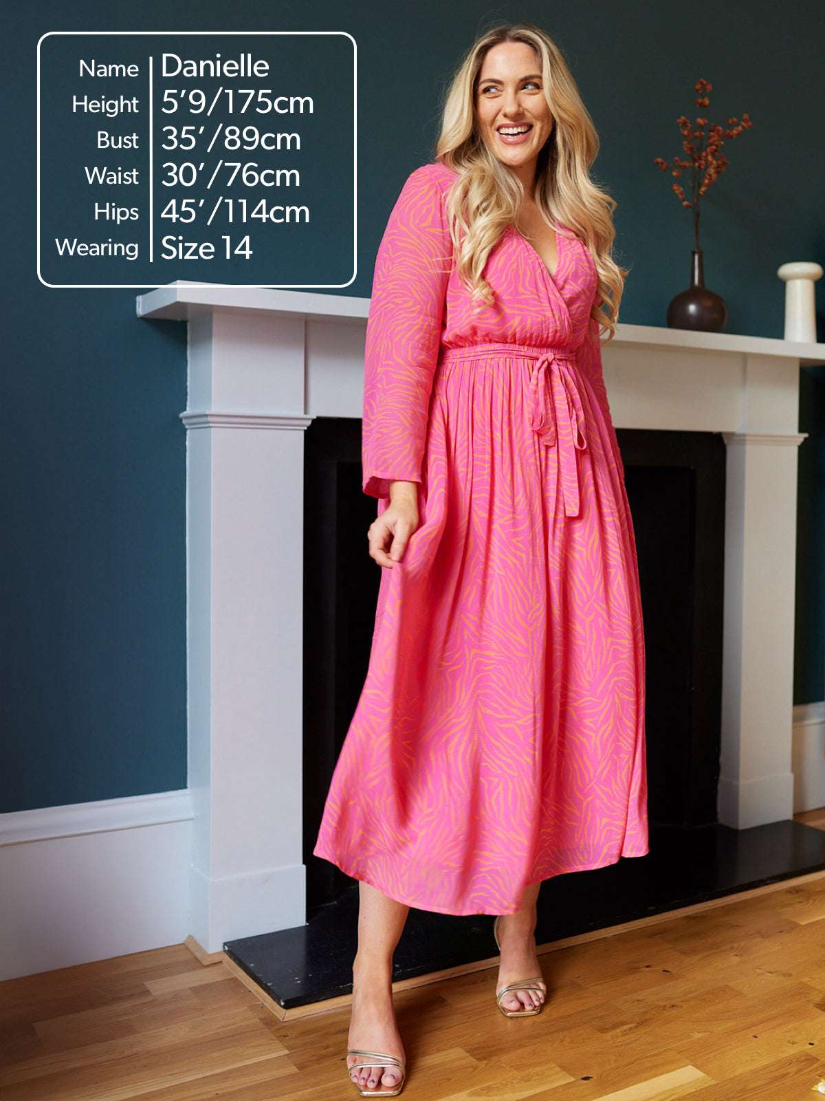 Dora - Wrap Top Midi Dress - Pink & Orange Linear Print – This is