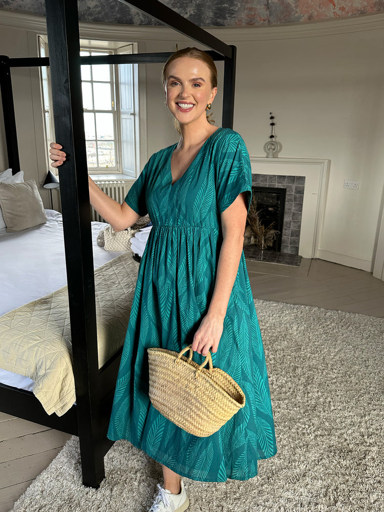 Fern - V Neck Relaxed Dress - Teal Leaf Print