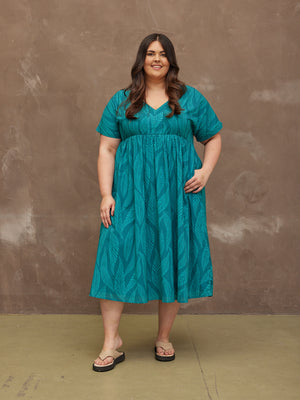 Fern - V Neck Relaxed Dress - Teal Leaf Print