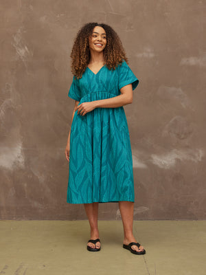 Fern - V Neck Relaxed Dress - Teal Leaf Print