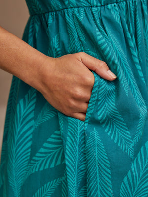 Fern - V Neck Relaxed Dress - Teal Leaf Print