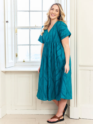 Fern - V Neck Relaxed Dress - Teal Leaf Print