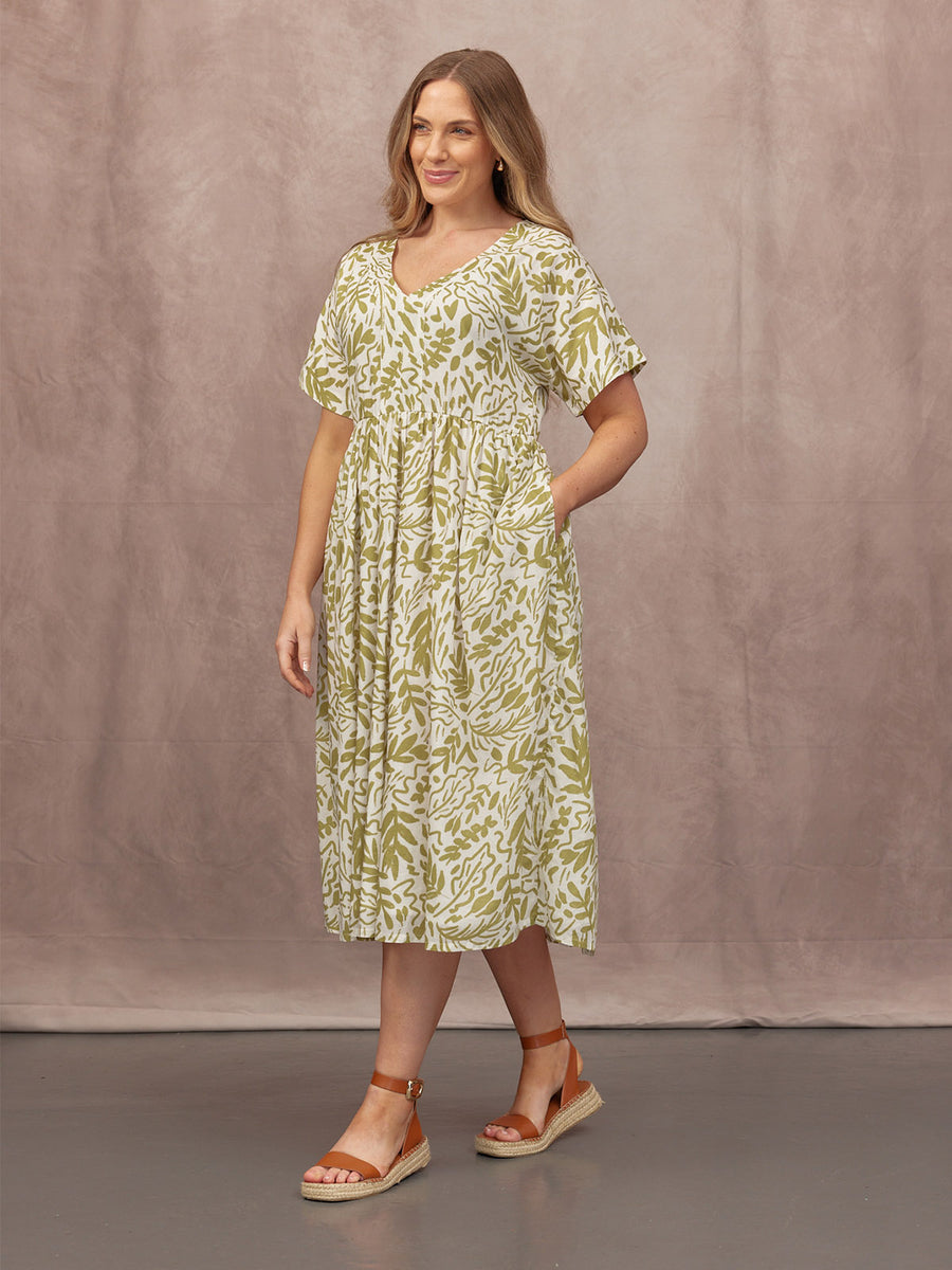 Fern Relaxed Dress - Ecru & Green Leaf Print