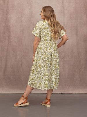 Fern Relaxed Dress - Ecru & Green Leaf Print
