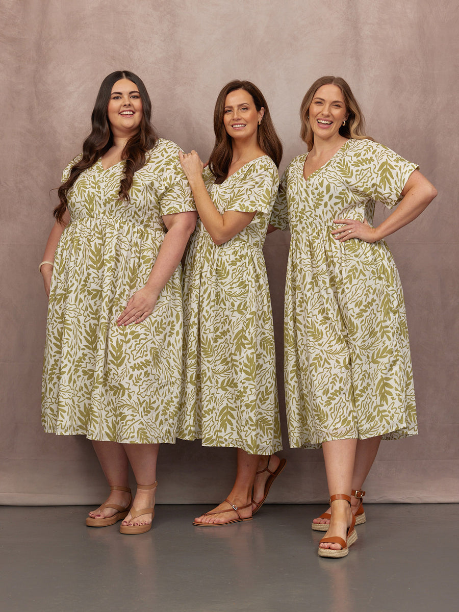 Fern Relaxed Dress - Ecru & Green Leaf Print This is Unfolded Fern Relaxed Dress - Ecru & Green Leaf Print This is Unfolded