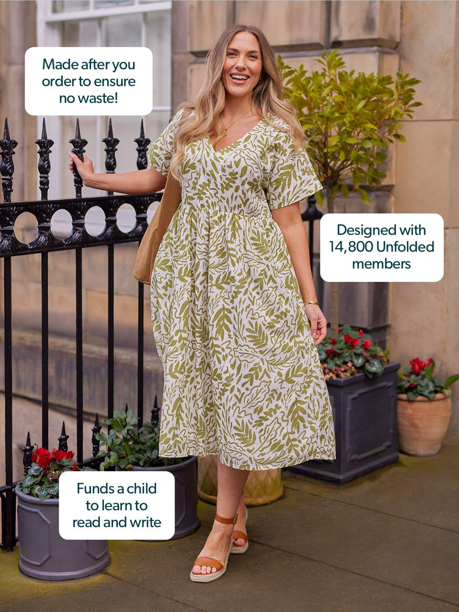 Fern Relaxed Dress - Ecru & Green Leaf Print This is Unfolded Fern Relaxed Dress - Ecru & Green Leaf Print This is Unfolded