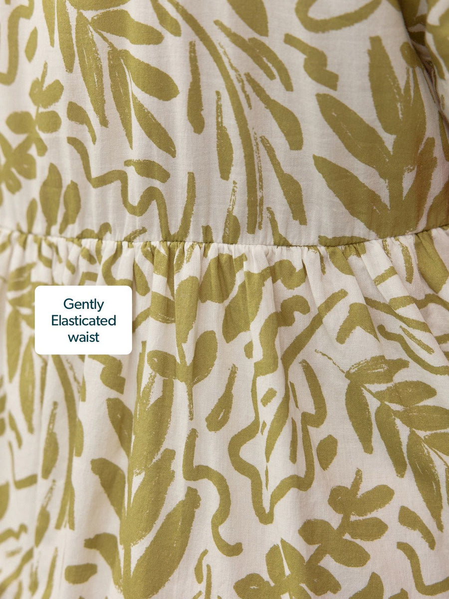 Fern Relaxed Dress - Ecru & Green Leaf Print