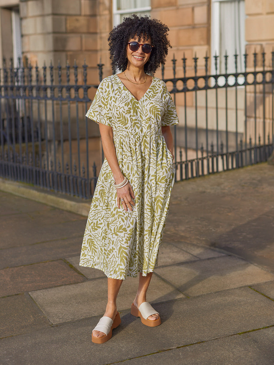 Fern Relaxed Dress - Ecru & Green Leaf Print