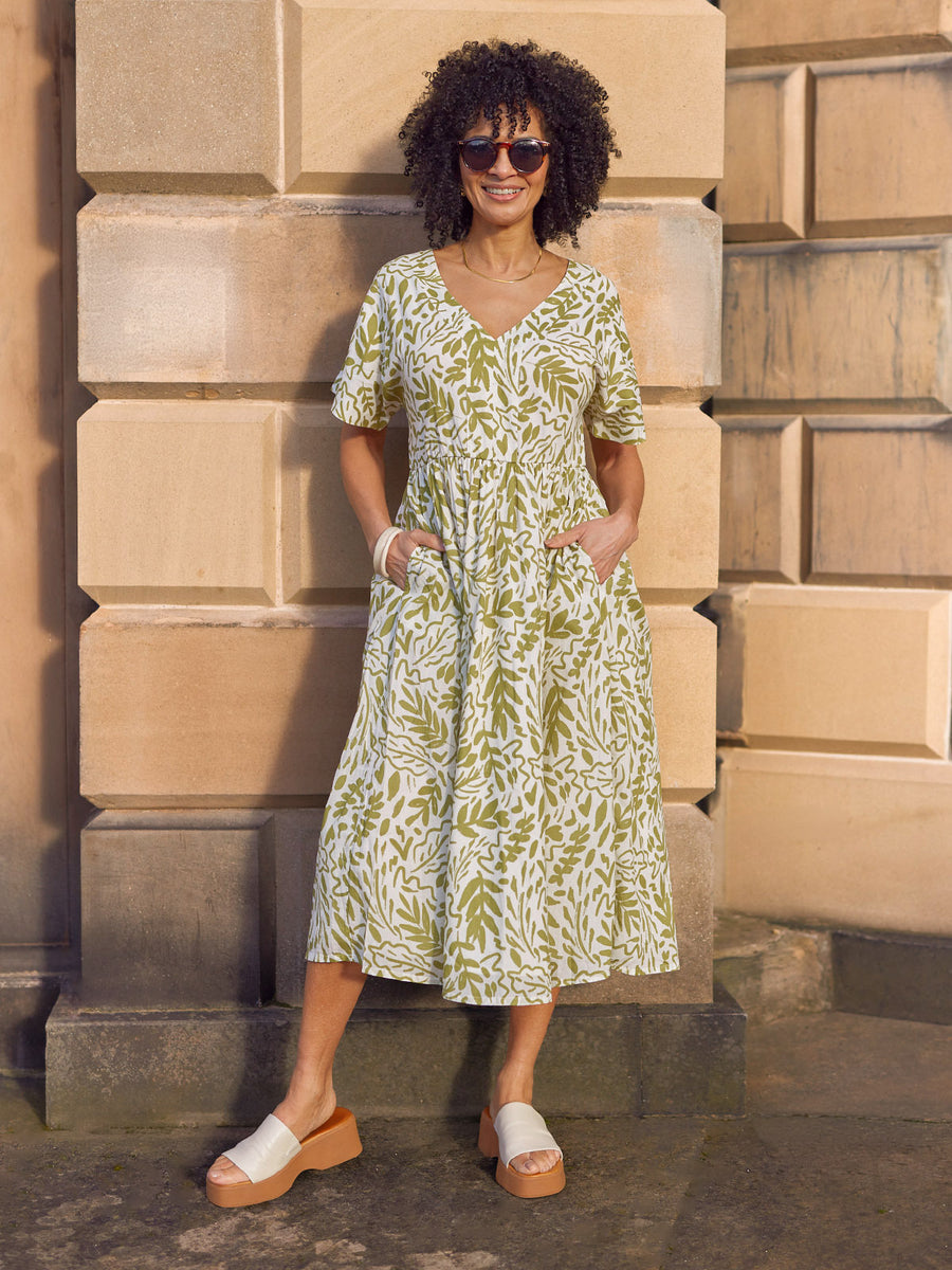 Fern Relaxed Dress - Ecru & Green Leaf Print