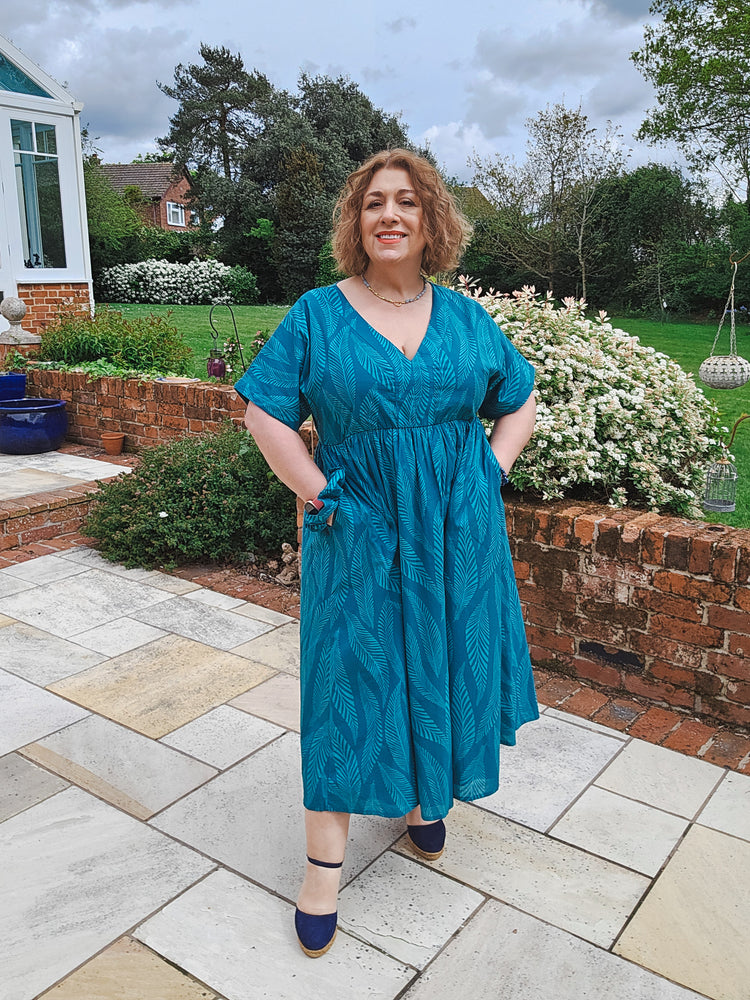 Fern - V Neck Relaxed Dress - Teal Leaf Print