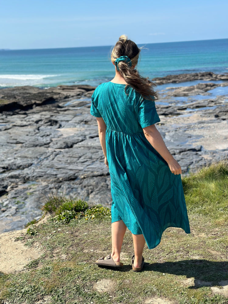 Fern - V Neck Relaxed Dress - Teal Leaf Print