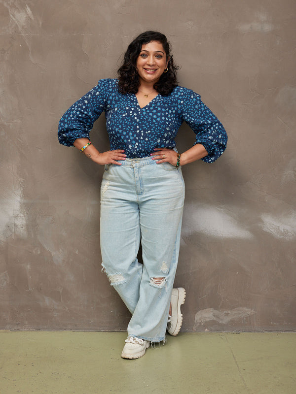 Flora - V Neck Top - Blue Floral