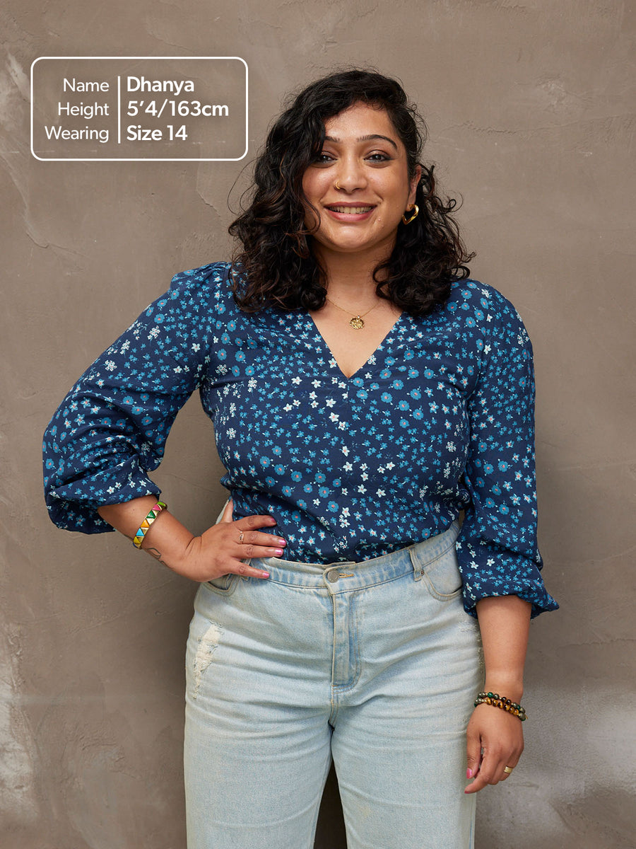 Flora - V Neck Top - Blue Floral