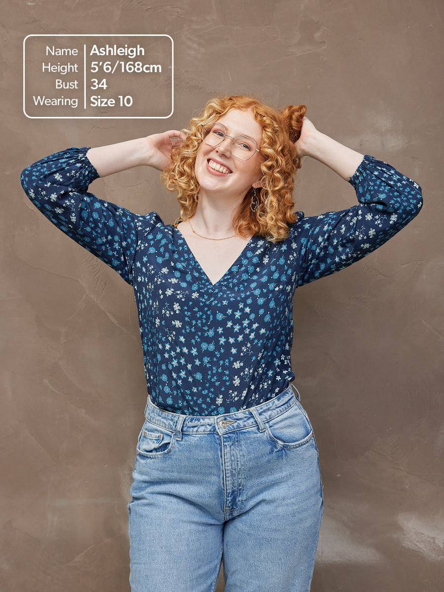 Flora - V Neck Top - Blue Floral