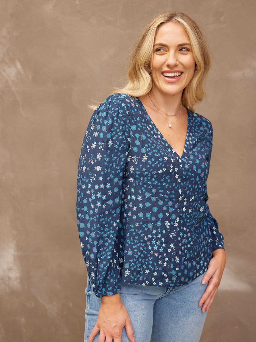 Flora - V Neck Top - Blue Floral