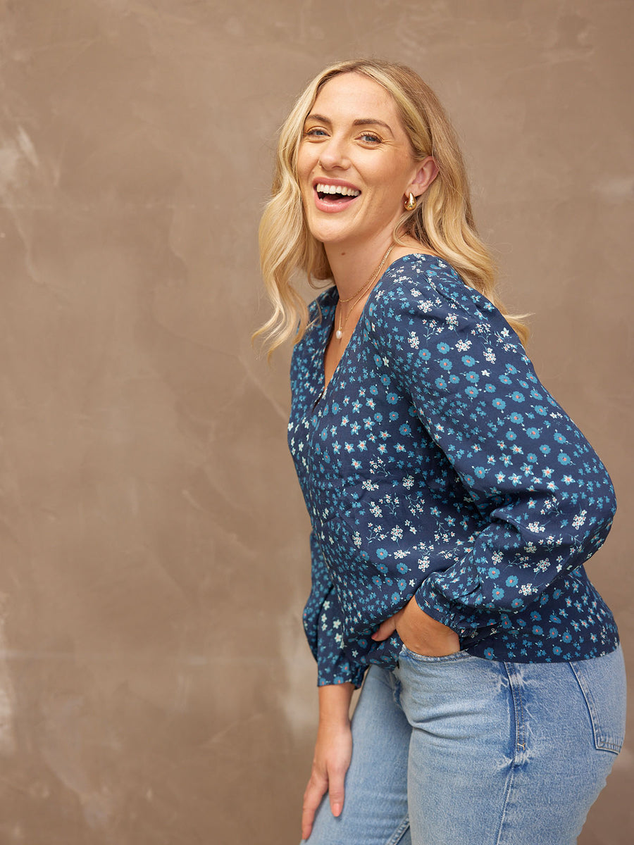 Flora - V Neck Top - Blue Floral