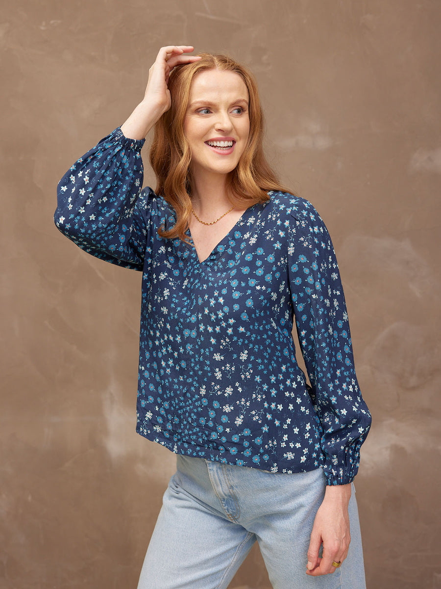 Flora - V Neck Top - Blue Floral