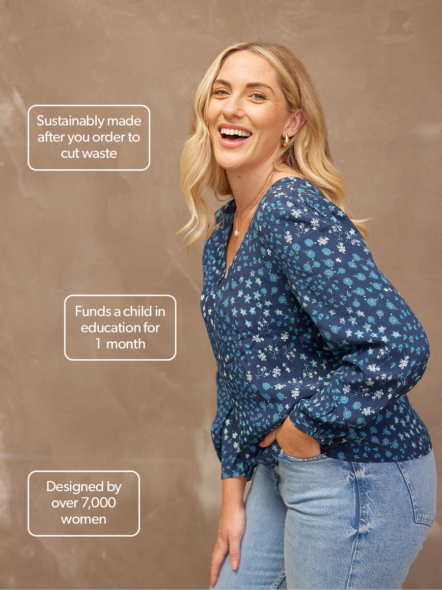 Flora - V Neck Top - Blue Floral