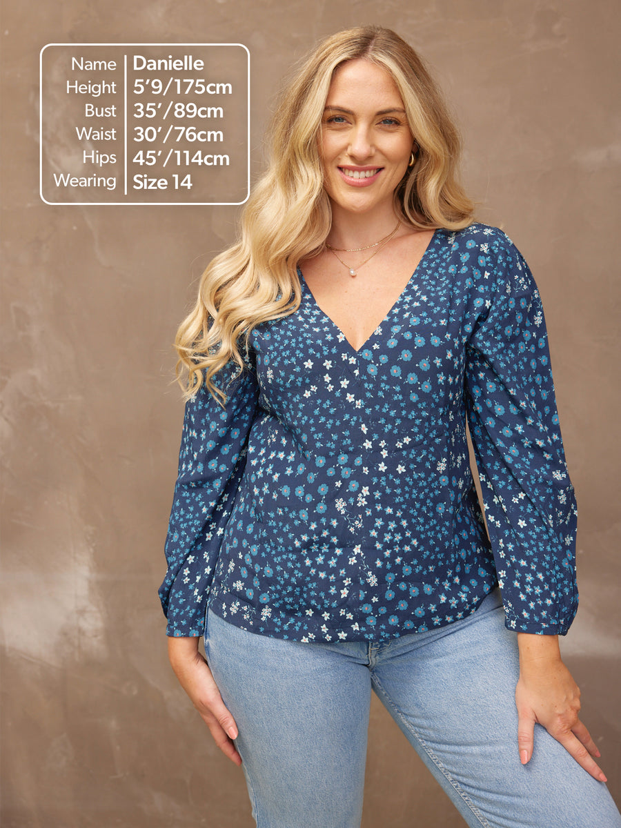 Flora - V Neck Top - Blue Floral