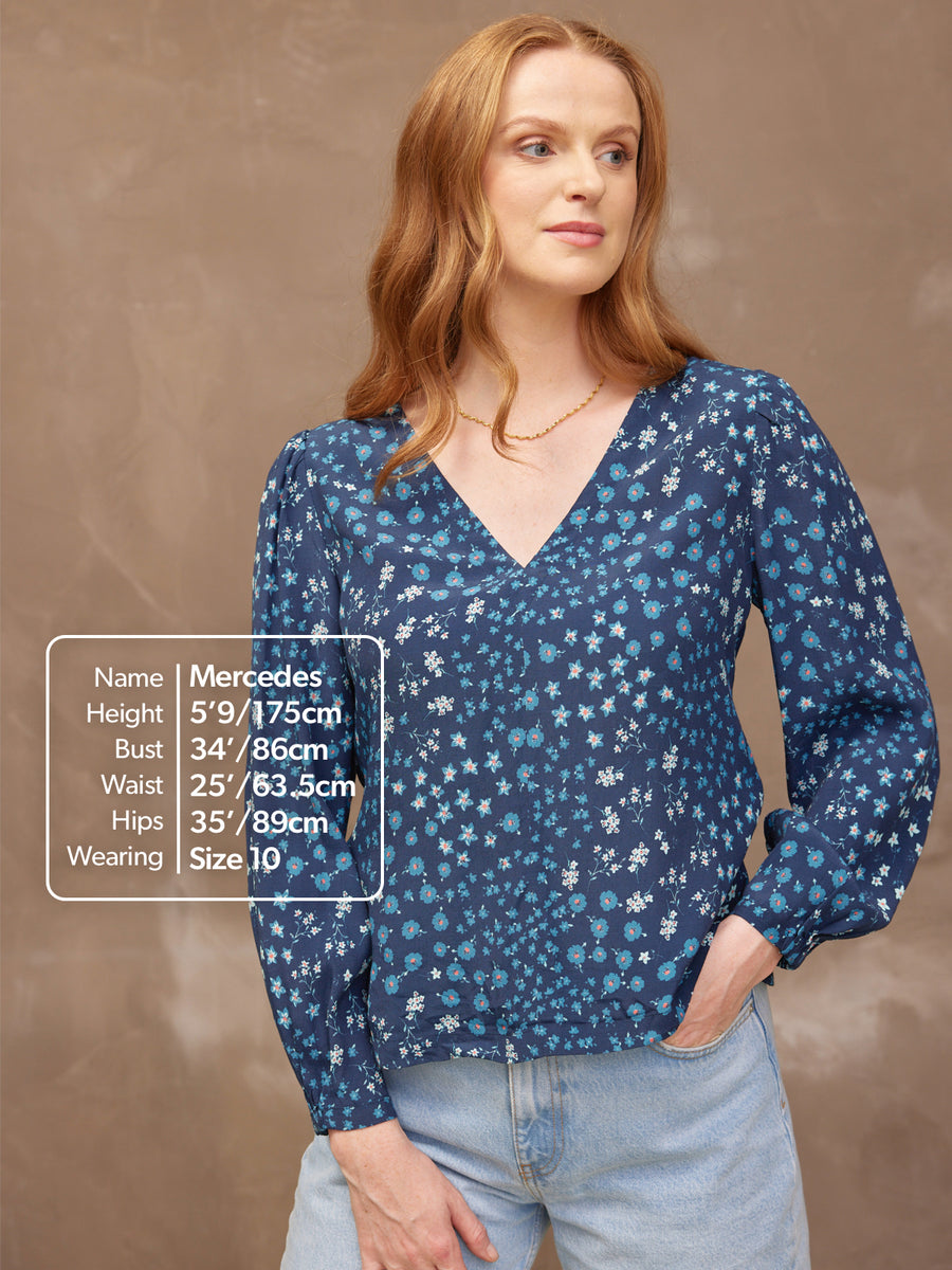 Flora - V Neck Top - Blue Floral
