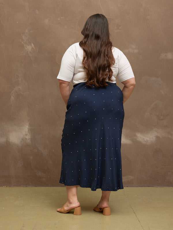 Georgia - Midi Bias Cut Skirt -  Navy Polka Dot Print