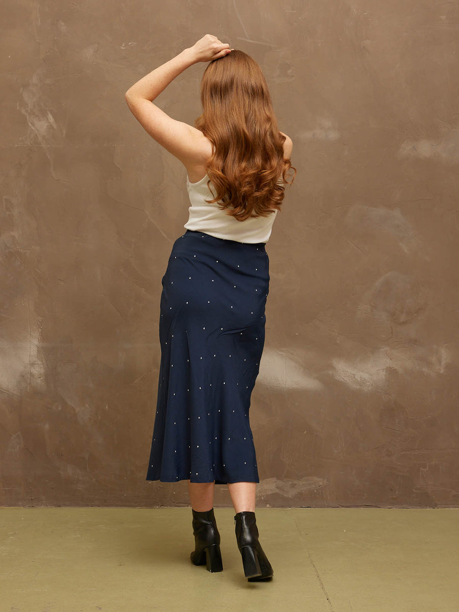 Georgia - Midi Bias Cut Skirt -  Navy Polka Dot Print
