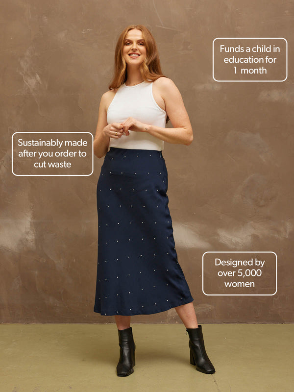 Georgia - Midi Bias Cut Skirt -  Navy Polka Dot Print