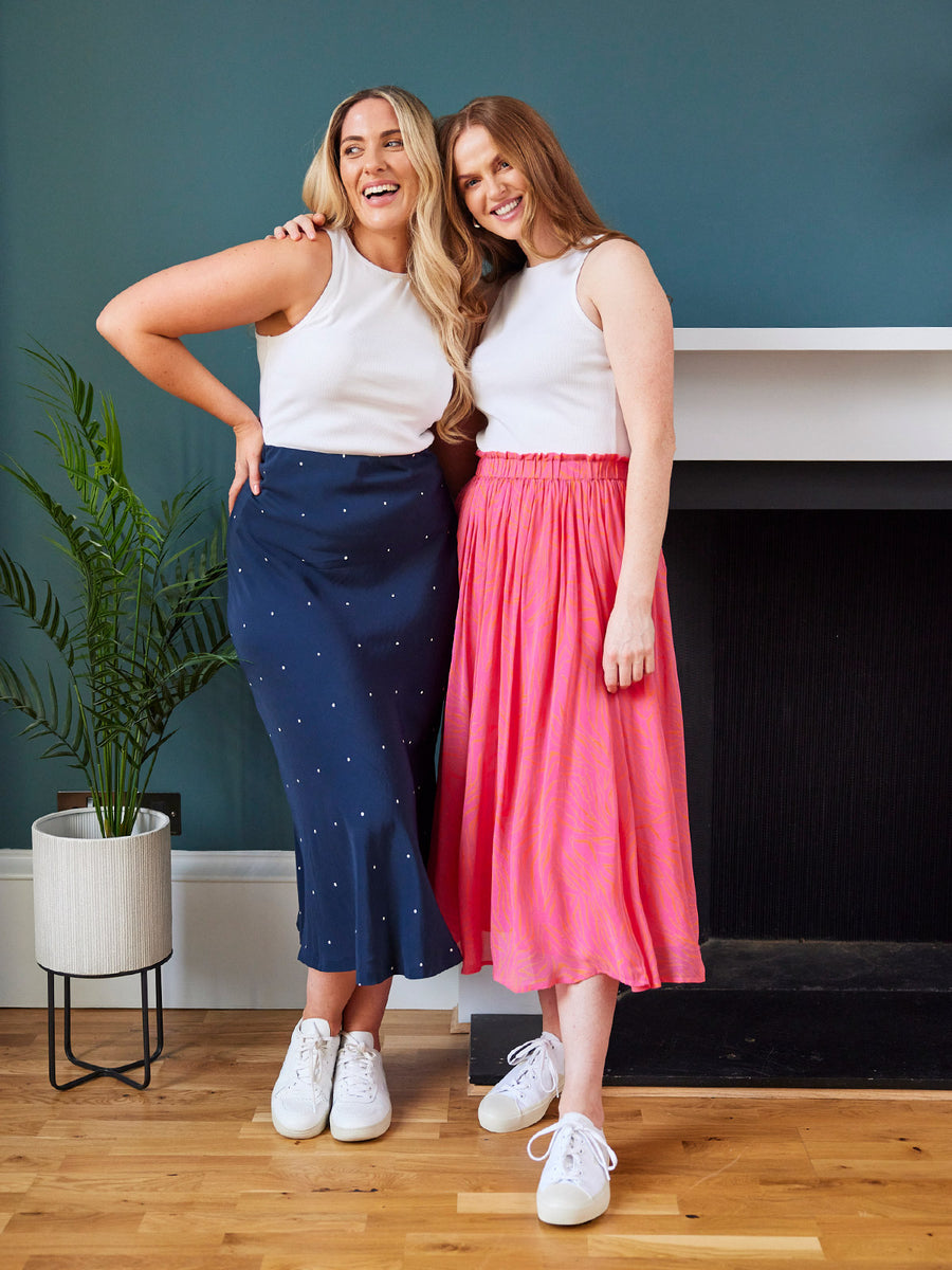 Georgia - Midi Bias Cut Skirt -  Navy Polka Dot Print