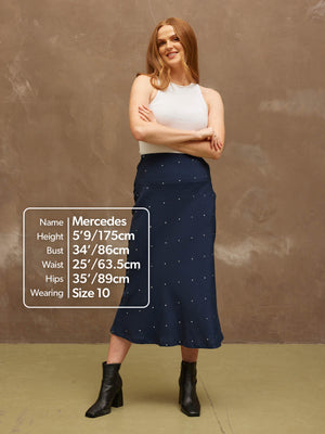 Georgia - Midi Bias Cut Skirt -  Navy Polka Dot Print