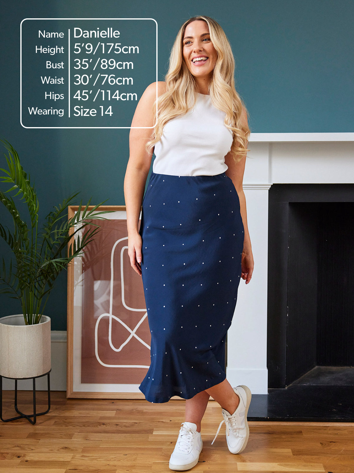 Georgia Midi Bias Cut Skirt Navy Polka Dot Print