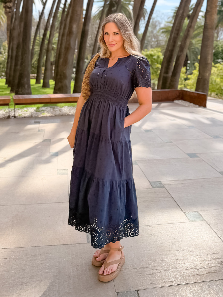 navy cotton summer dress Women's Summer Cotton Midi Tea Dress, Navy