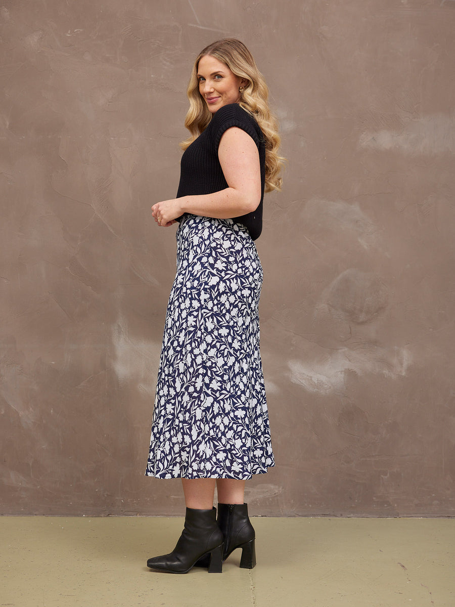 Isabelle Bias Cut Skirt - Monochrome Floral Print