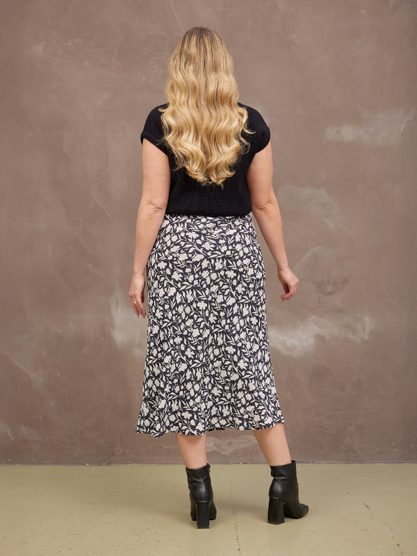 Isabelle Bias Cut Skirt - Monochrome Floral Print