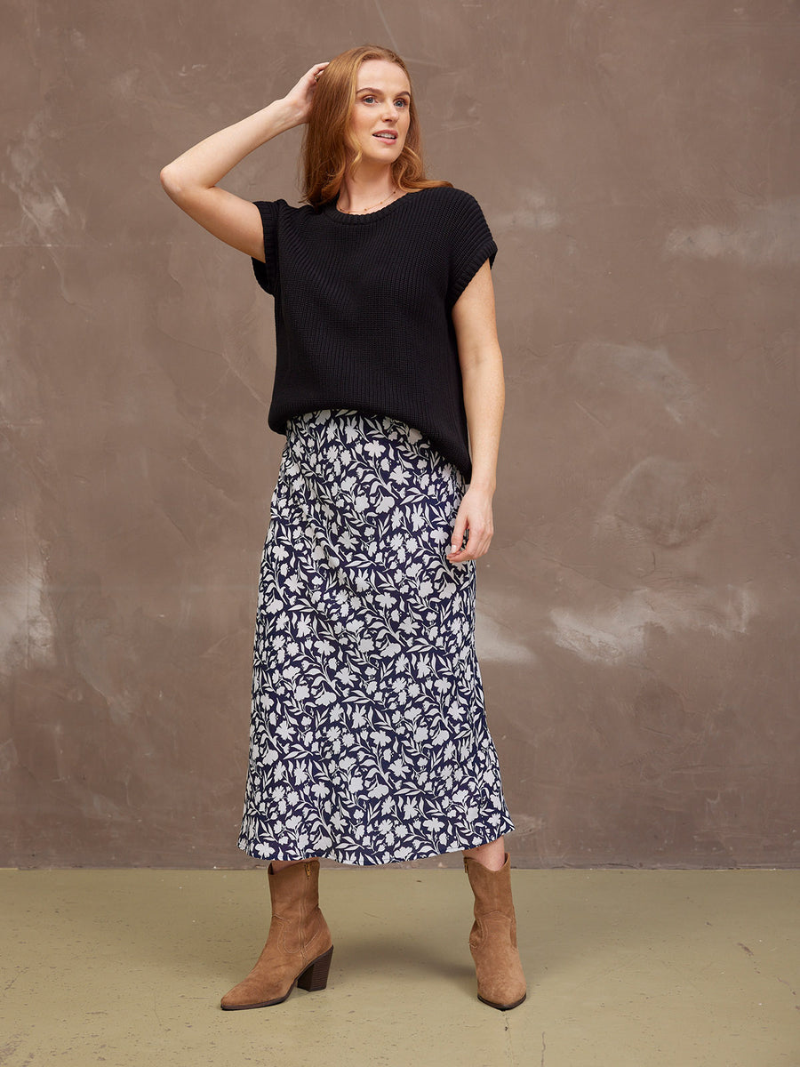 Isabelle Bias Cut Skirt - Monochrome Floral Print