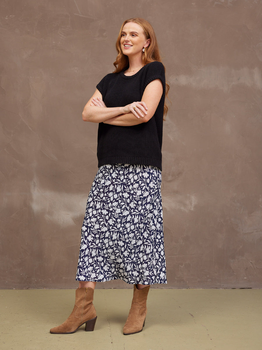 Isabelle Bias Cut Skirt - Monochrome Floral Print