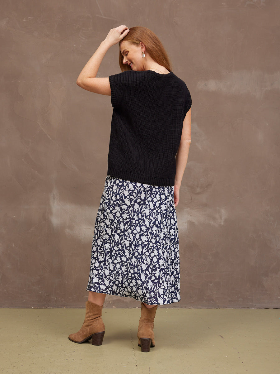 Isabelle Bias Cut Skirt - Monochrome Floral Print